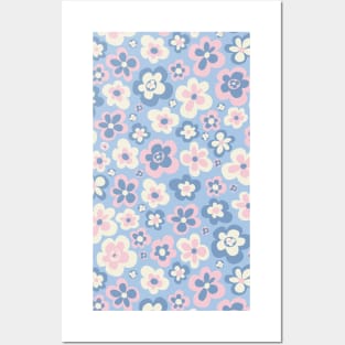 retro florals pattern, 70s groovy flowers, flower market, scandinavian florals, danish style, baby pink, baby blue Posters and Art